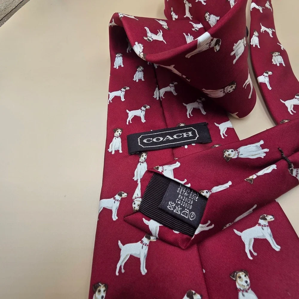 Coach Mens Silk Necktie Burgundy Red Jack Russell Terrier Dog Pattern Tie